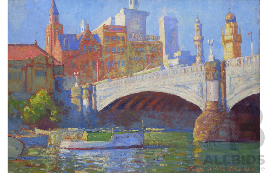 Louis McCubbin (20th Century, Australian, 1890-1952), Princes Bridge Towards Flinders Street, Melbourne 1931, Original Almost Antique Oil on Canvas, 51H x 76W cm