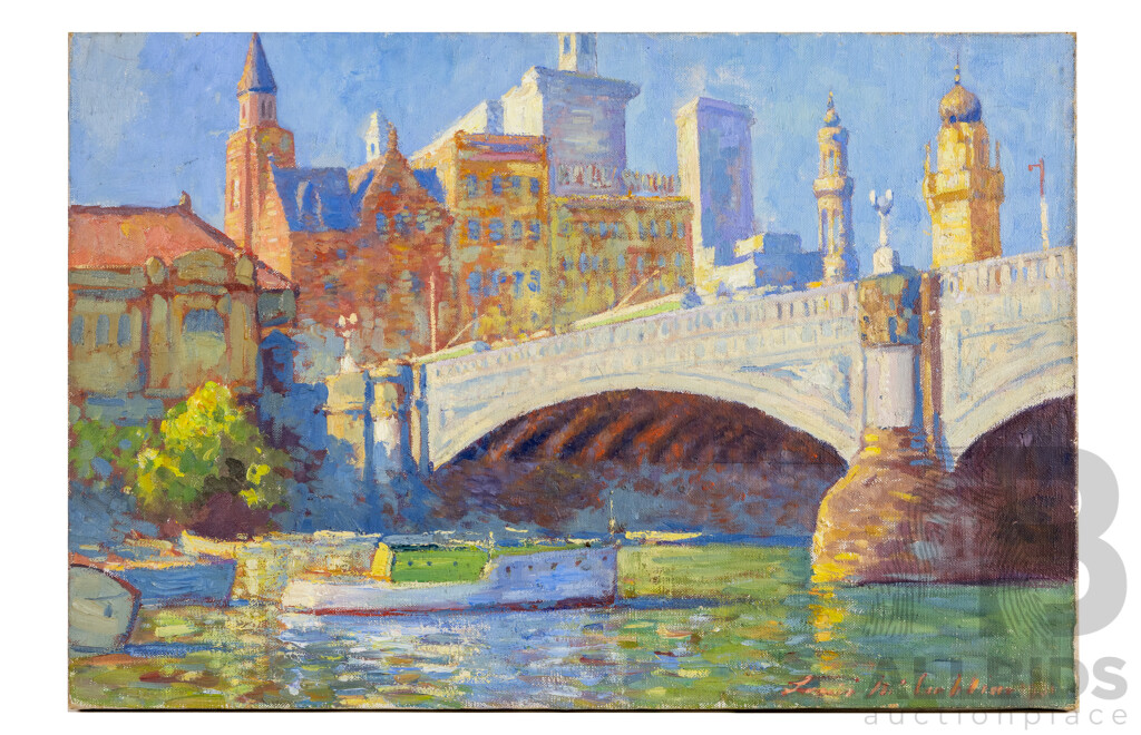 Louis McCubbin (20th Century, Australian, 1890-1952), Princes Bridge Towards Flinders Street, Melbourne 1931, Original Almost Antique Oil on Canvas, 51H x 76W cm