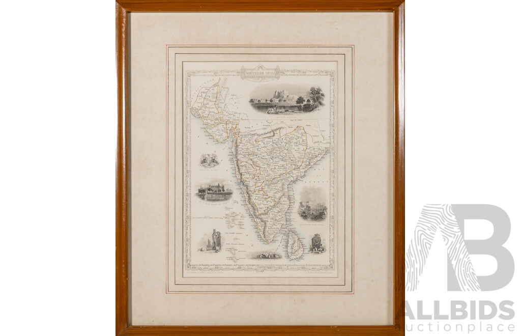 John Tallis (19th C., British, 1817-1876) & John Rapkin, (19th C, British, 1813-1899), Northern India and Soutern India, Pair of Antique Hand Coloured Steel Engravings, 44 x 55 cm (frames) (2)