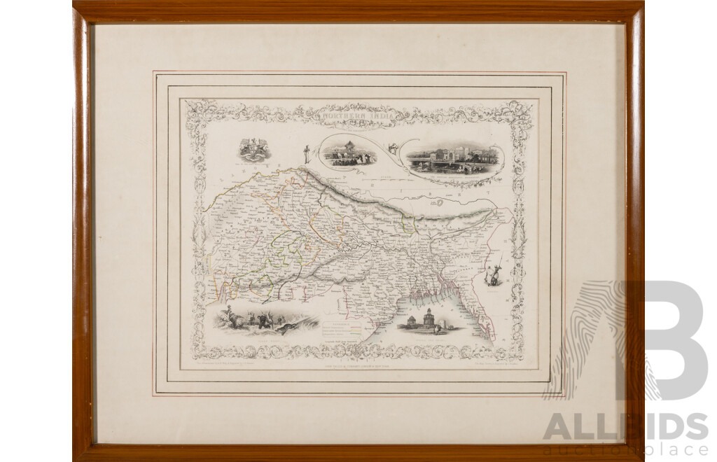 John Tallis (19th C., British, 1817-1876) & John Rapkin, (19th C, British, 1813-1899), Northern India and Soutern India, Pair of Antique Hand Coloured Steel Engravings, 44 x 55 cm (frames) (2)