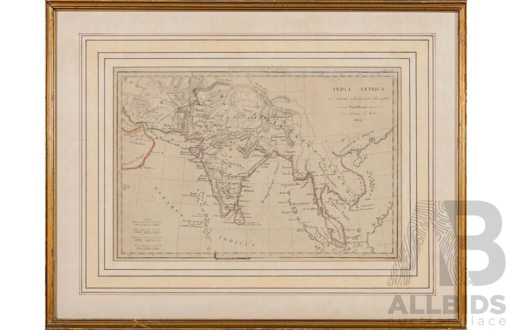 India Antiqua (From Atlas Tabulae Geographicae Orbis Veteribus Noti; c1820) & New Map of Indostan or East Indies (originally C1782), Lovely Pair of Antique Copper Engravings with Hand Coloured Borders, 54 x 59 cm (larger frame) (2)