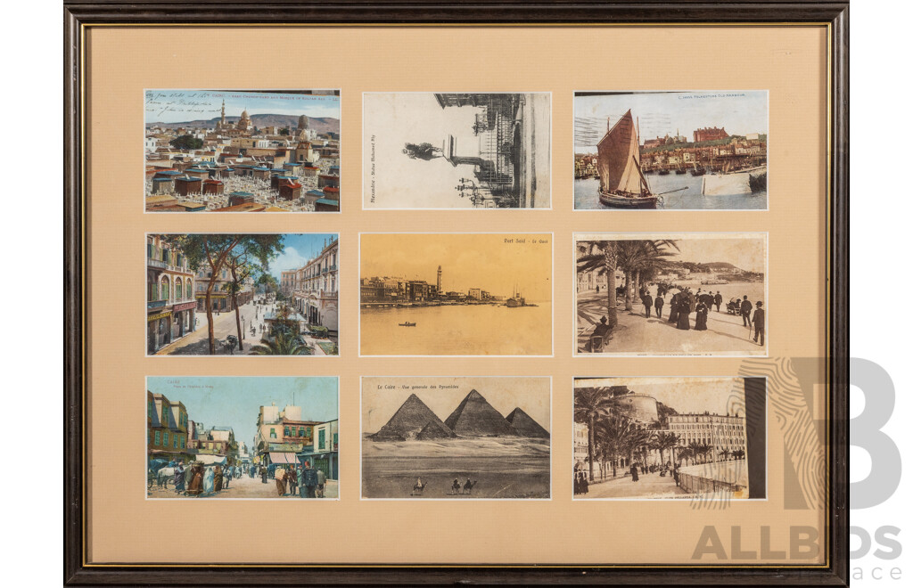 Wonderful Collection of Nine Framed Antique Colour and Black & White Postcards Featuring Various World Landmarks Mainly Cairo & Nice, 41 x 55 cm (frame)