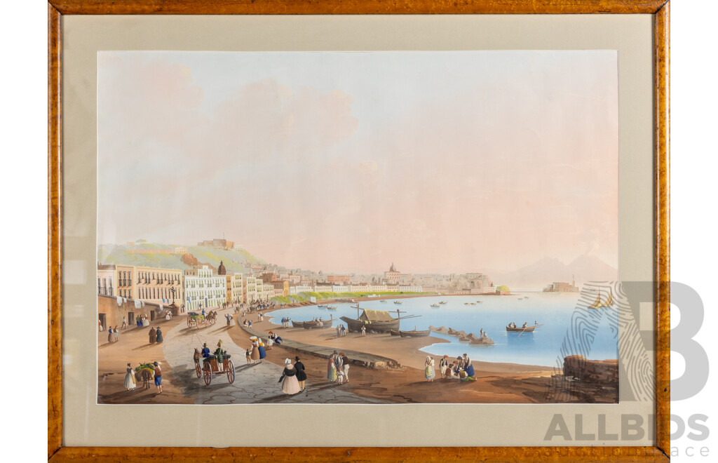 Artist Unknown (19th Century, Italian School), Port & Bay of Naples. Wonderful Original Antique Gouache on Paper, 55 x 74 cm (frame)