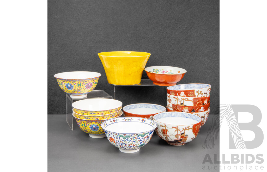 Six Japanese Imari Bowls with Six Chinese Qing Dynasty Style Bowls and Yellow Glaze Dragon Bowl