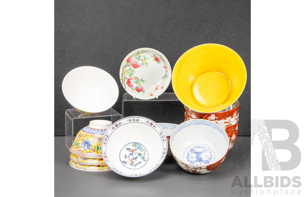 Six Japanese Imari Bowls with Six Chinese Qing Dynasty Style Bowls and Yellow Glaze Dragon Bowl