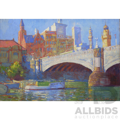Louis McCubbin (20th Century, Australian, 1890-1952), Princes Bridge Towards Flinders Street, Melbourne 1931, Original Almost Antique Oil on Canvas, 51H x 76W cm