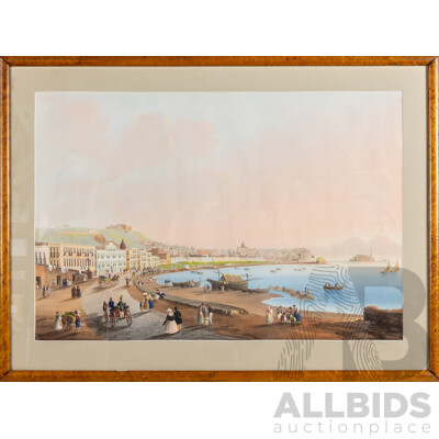 Artist Unknown (19th Century, Italian School), Port & Bay of Naples. Wonderful Original Antique Gouache on Paper, 55 x 74 cm (frame)