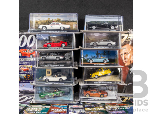 Collection of 10 James Bond Model Cars with Magazines and Magazine Holder