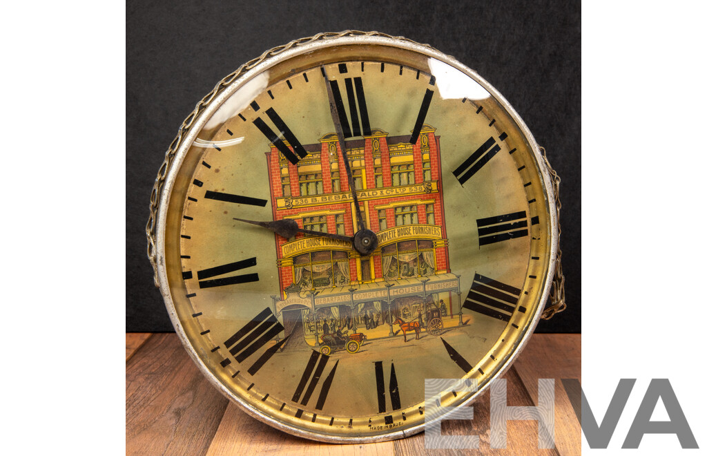 Rare Antique Bebarfalds Department Store Clock C1910, Baden Made, 25 Cm Diameter