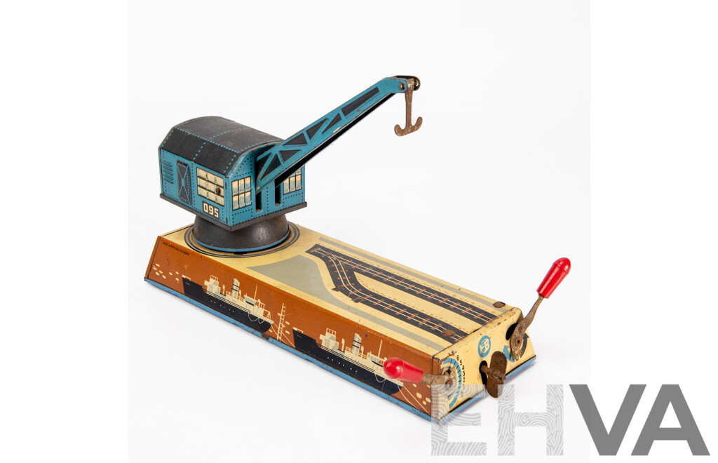 Vintage Hans Biller Automatic Dock Yard Crane Wind-Up Toy, West Germany, 1950s