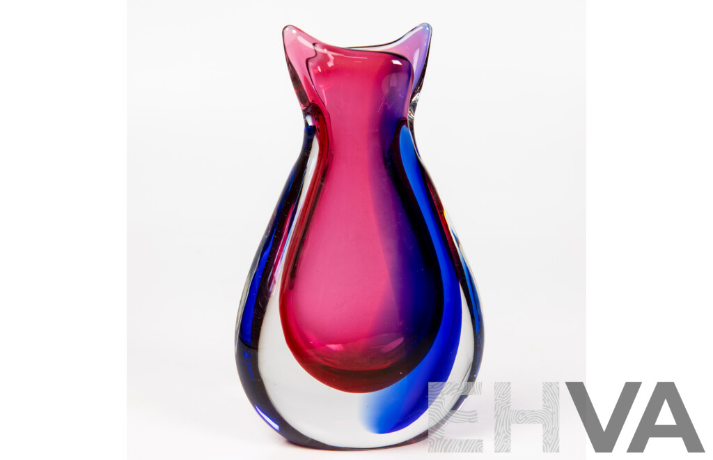 Luigi Onesto for Oball Murano Sommerso Vase Signed, Pink and Cobalt