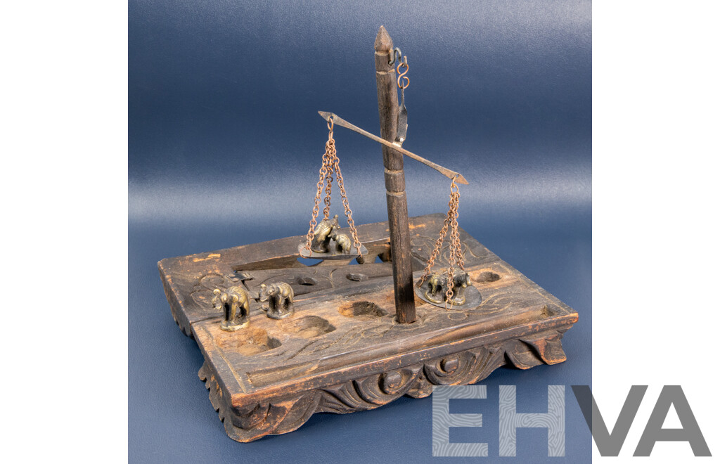 Antique Burmese Opium Scales with Rare Elephant-Form Weights in Hand-Carved Decorated Box  c.1900