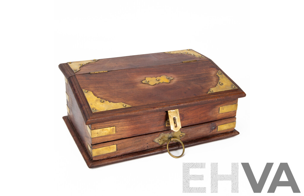 Indian Timber Writing Box with Brass Fittings and Drawer