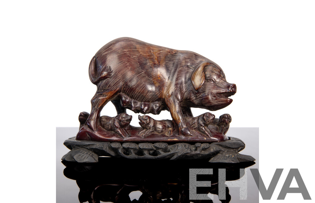 Hardstone Carving of Sow with Piglets on Ebonised Wood Stand
