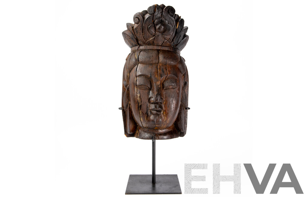 Antique Carved Wooden Guan Yin Head on Metal Stand