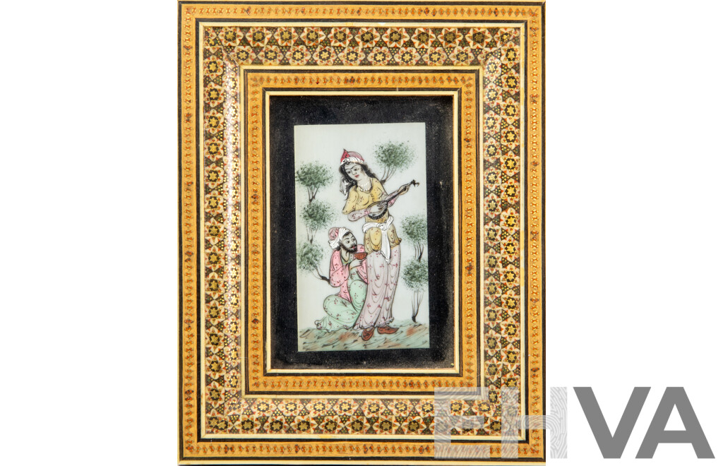 Antique Indo-Persian Mughal Art Gouache Painting with Calligraphy