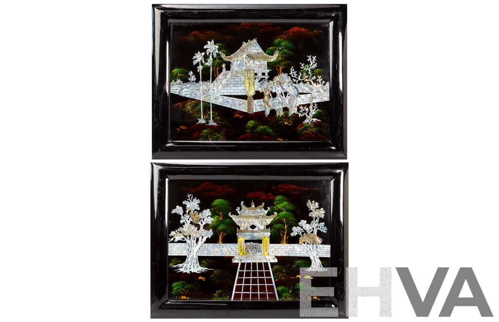 Pair of Vintage Asian Artworks with Mother-of-Pearl Inlay