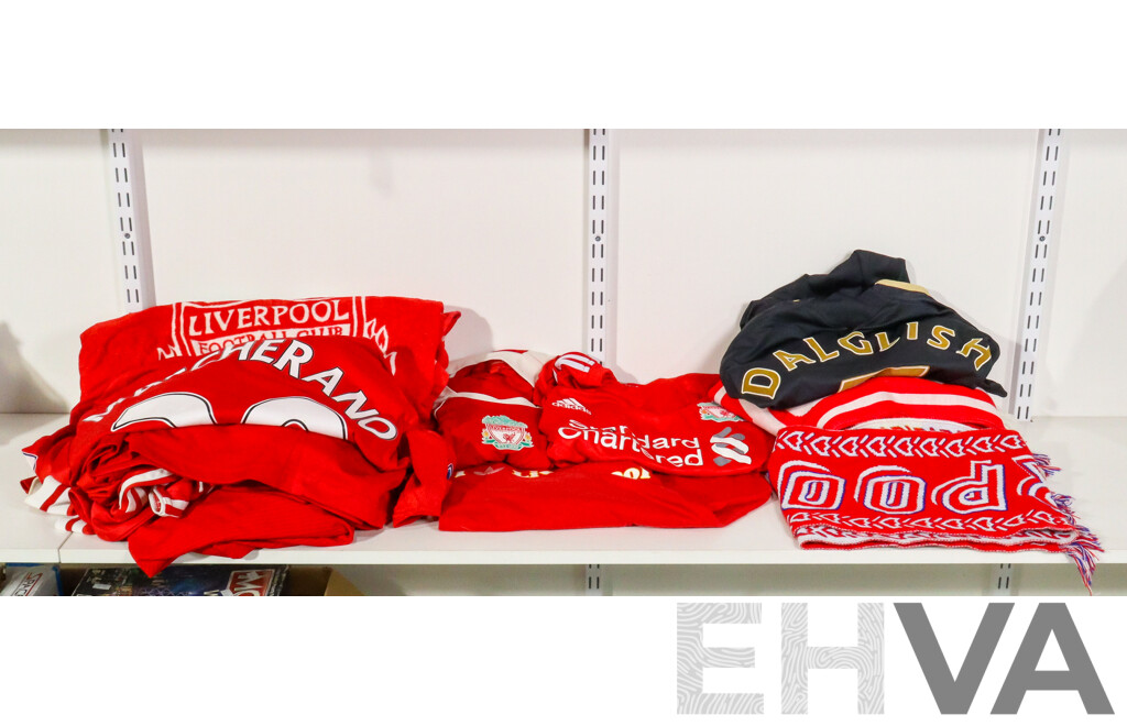Collection of Official Liverpool Football Club Supporter Gear Including Jerseys, Scarves and Towels
