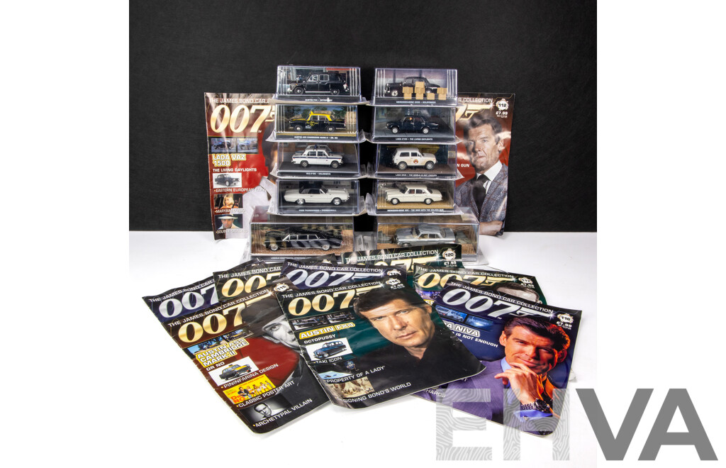 Collection of 10 James Bond Model Cars with Magazines