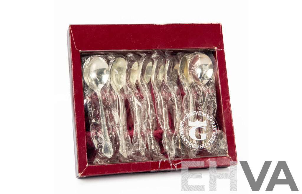 Vintage Grosvenor Silver Plate Set of 8 Fruit Spoons in Original Box
