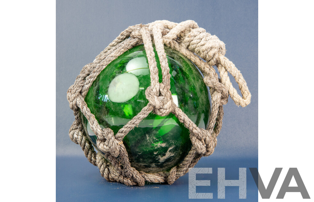 Vintage Rope Bound Handblown Green Glass Fishing Float