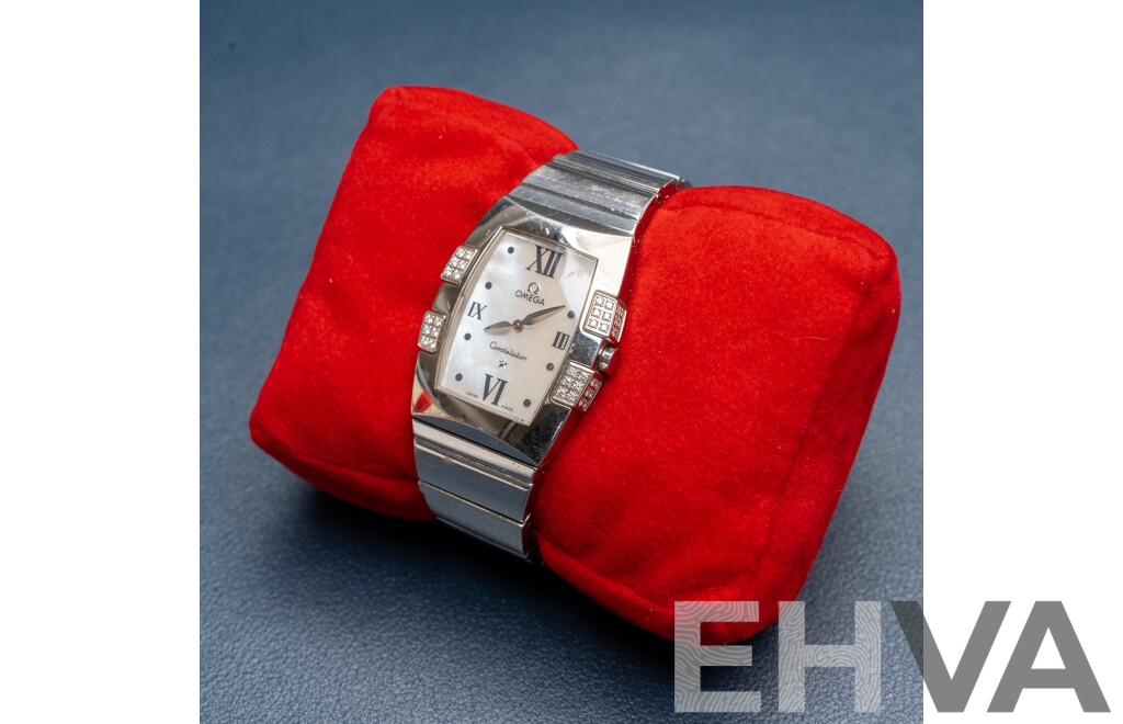 Omega Constellation Quadrella Ladies Watch Stainless Steel Diamond Bezel Mother-of-Pearl Dial C.2005 Box & Papers