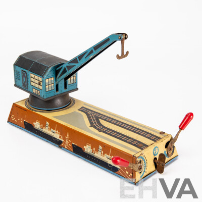 Vintage Hans Biller Automatic Dock Yard Crane Wind-Up Toy, West Germany, 1950s
