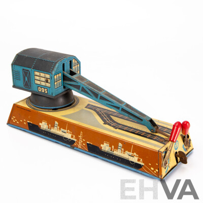 Vintage Hans Biller Automatic Dock Yard Crane Wind-Up Toy, West Germany, 1950s