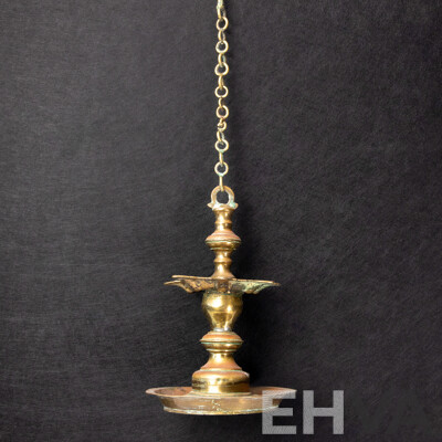 Antique Brass Hindu Temple Hanging Diya Vilakk Oil Wick Lamp with Chain