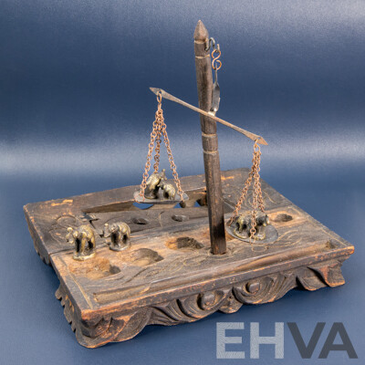 Antique Burmese Opium Scales with Rare Elephant-Form Weights in Hand-Carved Decorated Box  c.1900