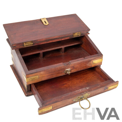 Indian Timber Writing Box with Brass Fittings and Drawer