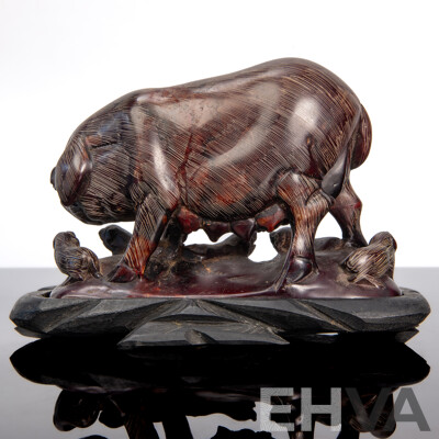 Hardstone Carving of Sow with Piglets on Ebonised Wood Stand