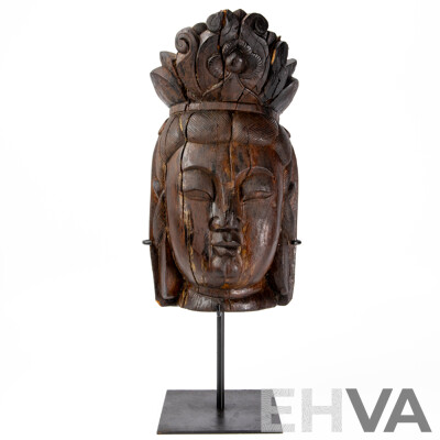Antique Carved Wooden Guan Yin Head on Metal Stand
