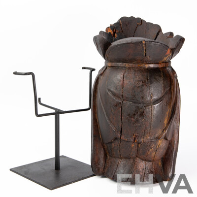 Antique Carved Wooden Guan Yin Head on Metal Stand