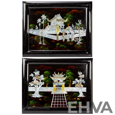 Pair of Vintage Asian Artworks with Mother-of-Pearl Inlay