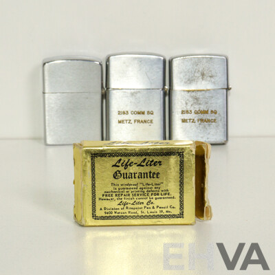 Three Military Lighters by Life Liter & Vulcan Rare Collectible Late 1960s