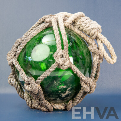 Vintage Rope Bound Handblown Green Glass Fishing Float
