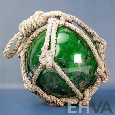 Vintage Rope Bound Handblown Green Glass Fishing Float
