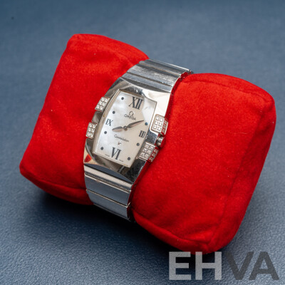 Omega Constellation Quadrella Ladies Watch Stainless Steel Diamond Bezel Mother-of-Pearl Dial C.2005 Box & Papers