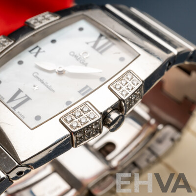 Omega Constellation Quadrella Ladies Watch Stainless Steel Diamond Bezel Mother-of-Pearl Dial C.2005 Box & Papers