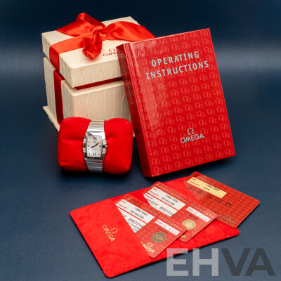 Omega Constellation Quadrella Ladies Watch Stainless Steel Diamond Bezel Mother-of-Pearl Dial C.2005 Box & Papers