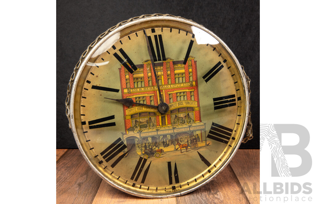 Rare Antique Bebarfalds Department Store Clock C1910, Baden Made, 25 Cm Diameter