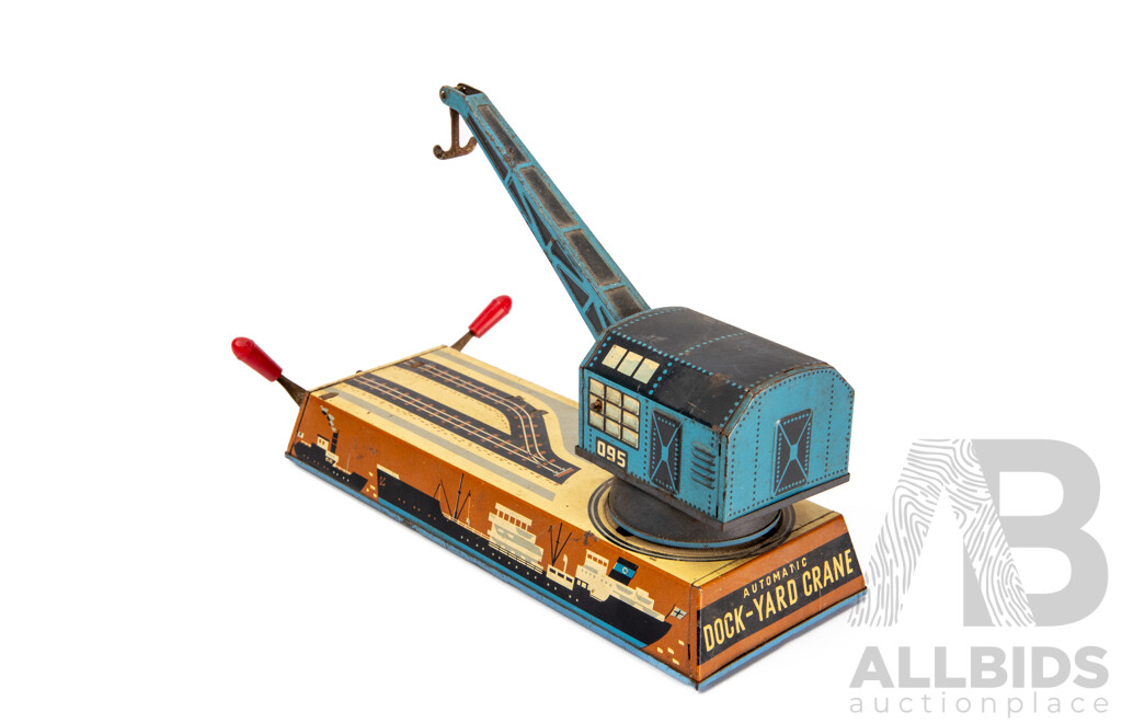 Vintage Hans Biller Automatic Dock Yard Crane Wind-Up Toy, West Germany, 1950s