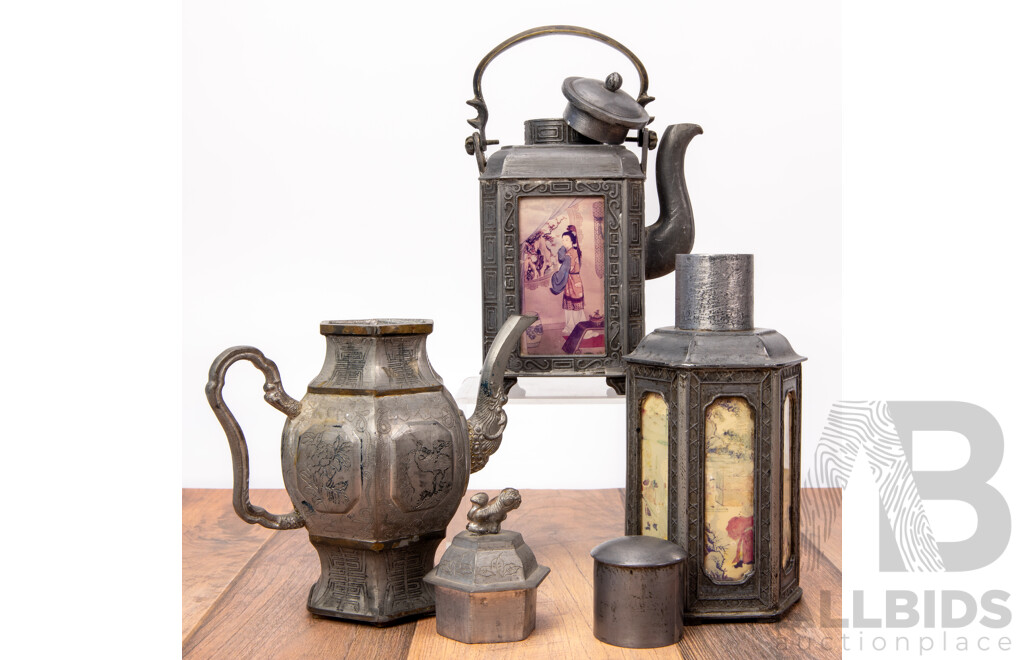 Group of Three Early Chinese Pewter Pieces Including Two Shantou Reverse Painted Glass Items