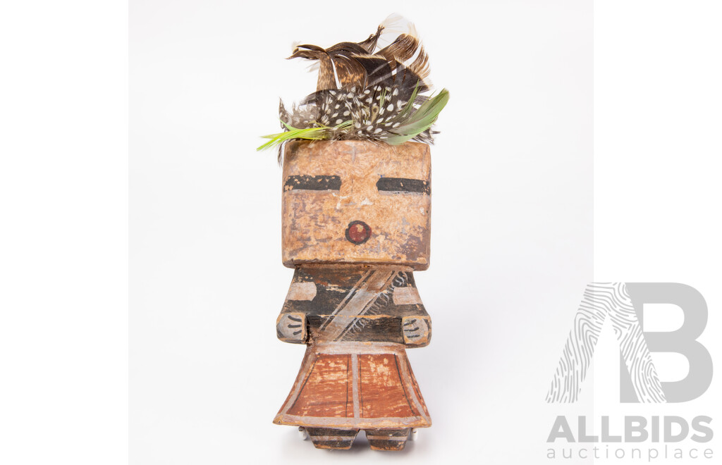 Greg Lomayesva Native American Kachina Doll, Hand Painted Timber with Feathers, 15 X 8 Cm, Provenance Art House Gallery Sydney
