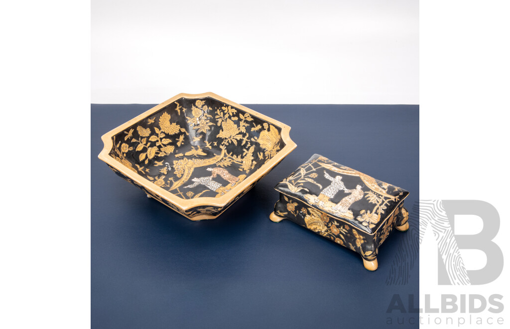 Stunning Pair of Vintage Chinese Porcelain Pieces: Lidded Box and Square Bowl
