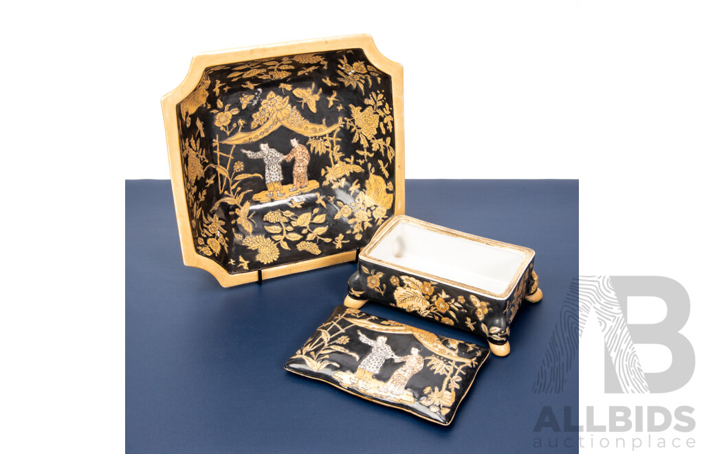 Stunning Pair of Vintage Chinese Porcelain Pieces: Lidded Box and Square Bowl