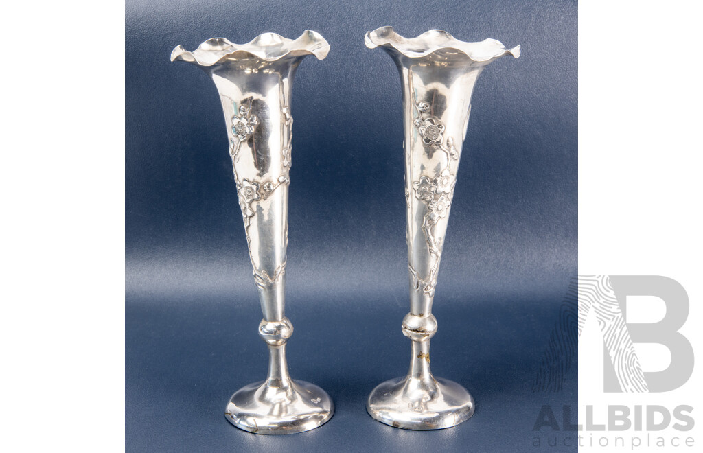 Pair of Chinese Sterling Silver Footed Mantel Vases with Fluted Rims