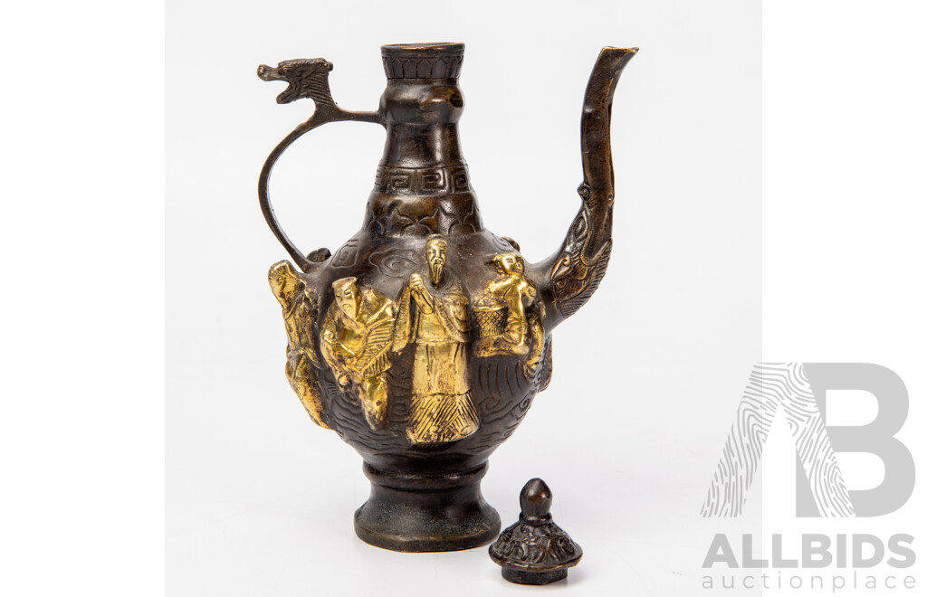 Antique Chinese Bronze Wine Ewer with Raised Gilded Figures and Engraved Decoration