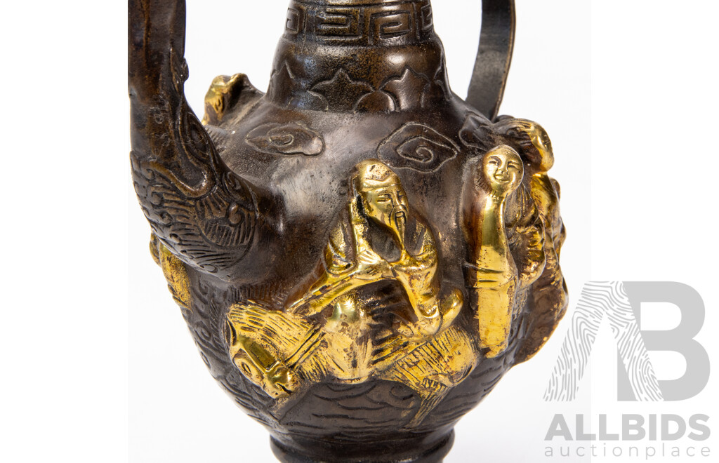 Antique Chinese Bronze Wine Ewer with Raised Gilded Figures and Engraved Decoration